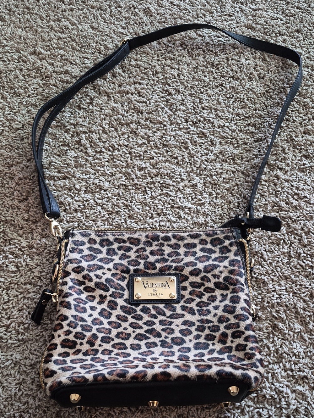 Valentina Leopard Print Crossbody Bag in Brown and Black with Gold Hardware